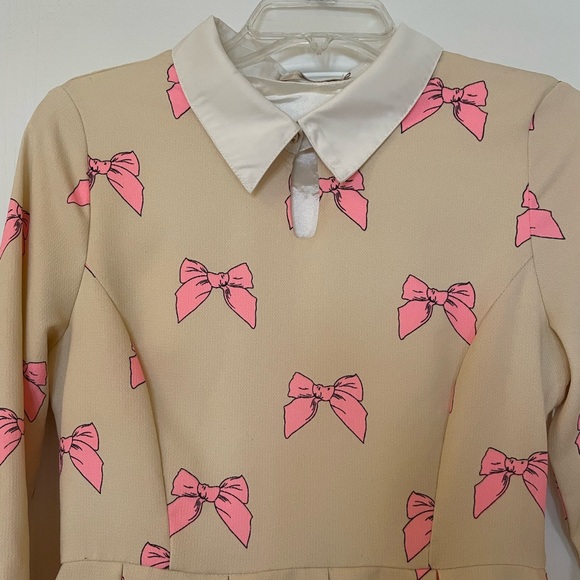 Power Sweet Bow Print Collar Pink Tan Bow Dress - Picture 7 of 15